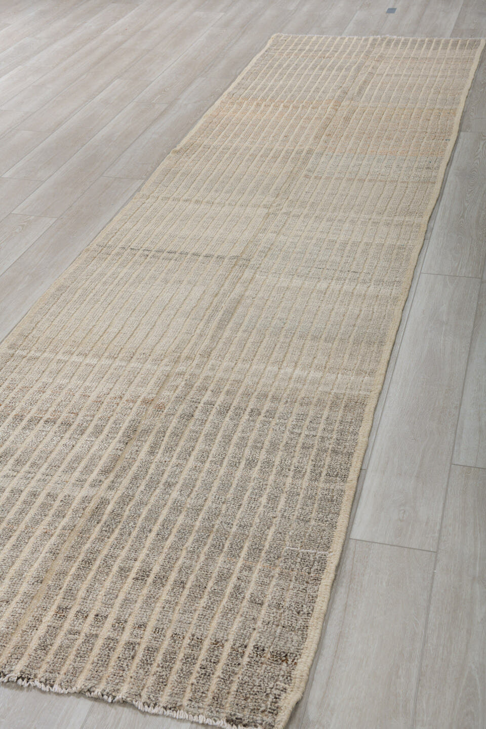 3' x 13' one-of-a-kind handmade vintage Tulu runner rug. Color palette: ivory, gray, taupe, cream, beige
