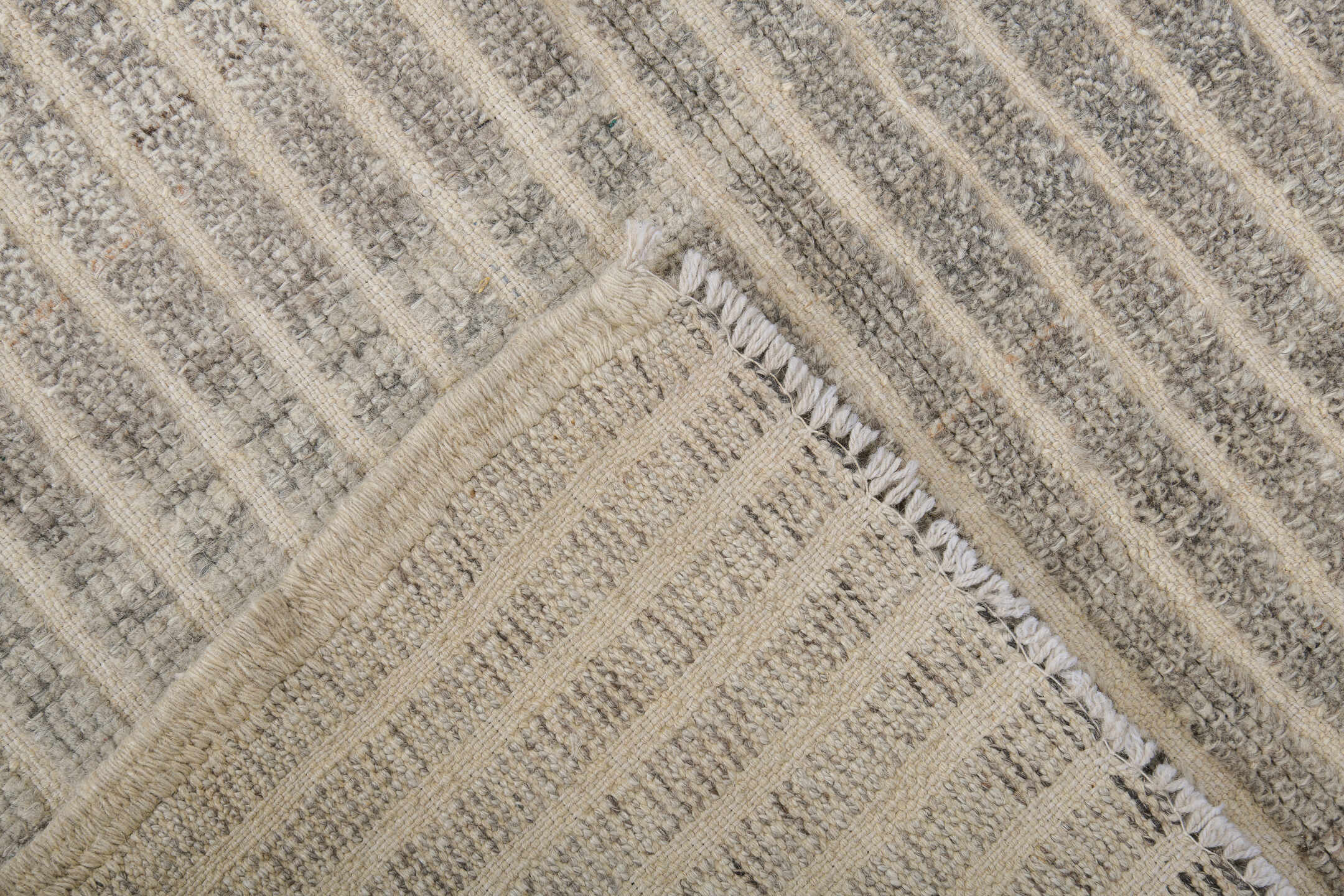 3' x 13' one-of-a-kind handmade vintage Tulu runner rug. Color palette: ivory, gray, taupe, cream, beige