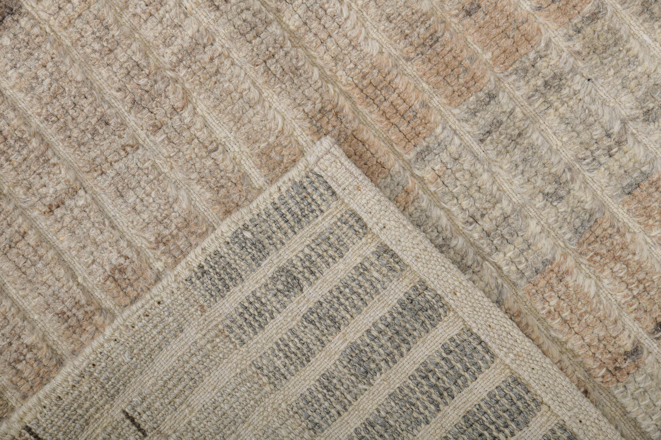 3' x 9' one-of-a-kind handmade vintage Tulu runner rug. Color palette: ivory, taupe, charcoal, camel, gray, brown, beige