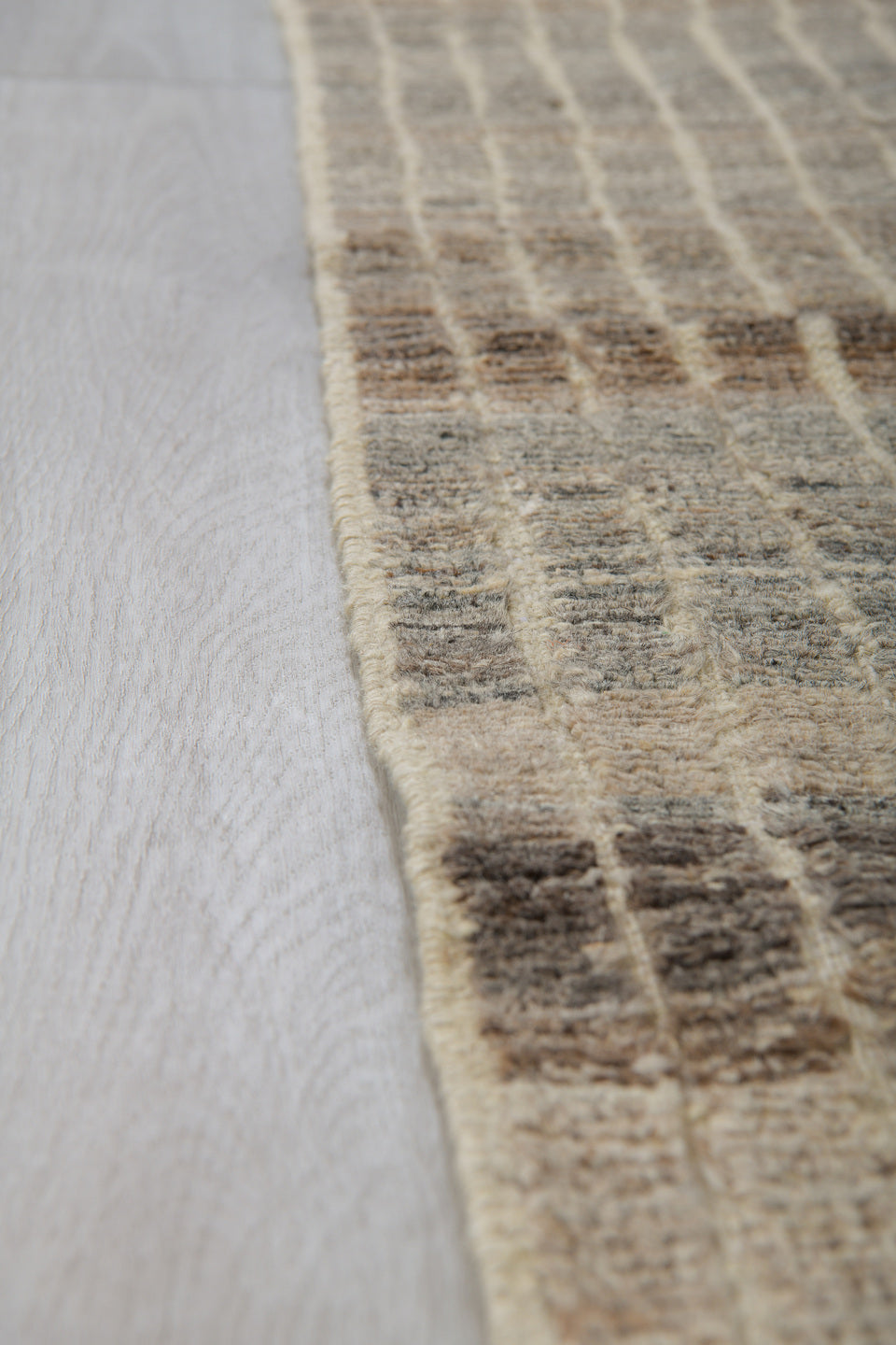 3' x 9' one-of-a-kind handmade vintage Tulu runner rug. Color palette: ivory, taupe, charcoal, camel, gray, brown, beige