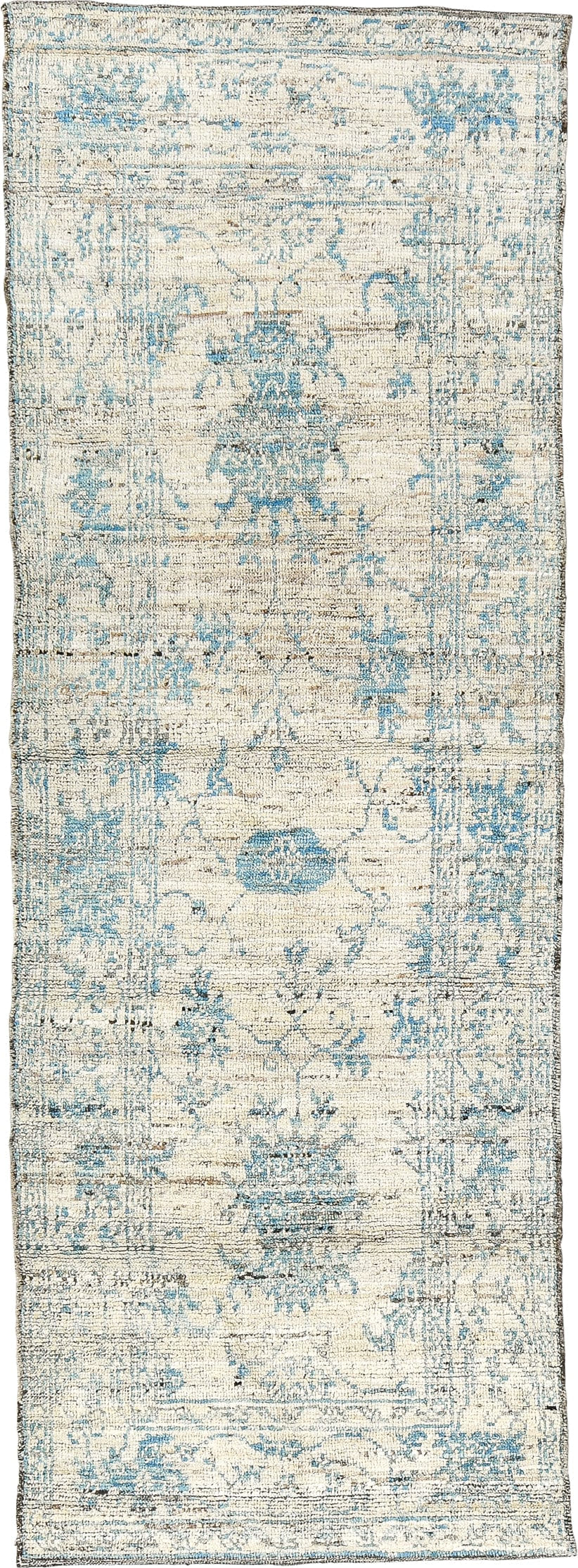 3' x 8' one-of-a-kind handmade vintage Tulu runner rug. Color palette: ivory, sky blue, taupe, slate, cream, light blue
