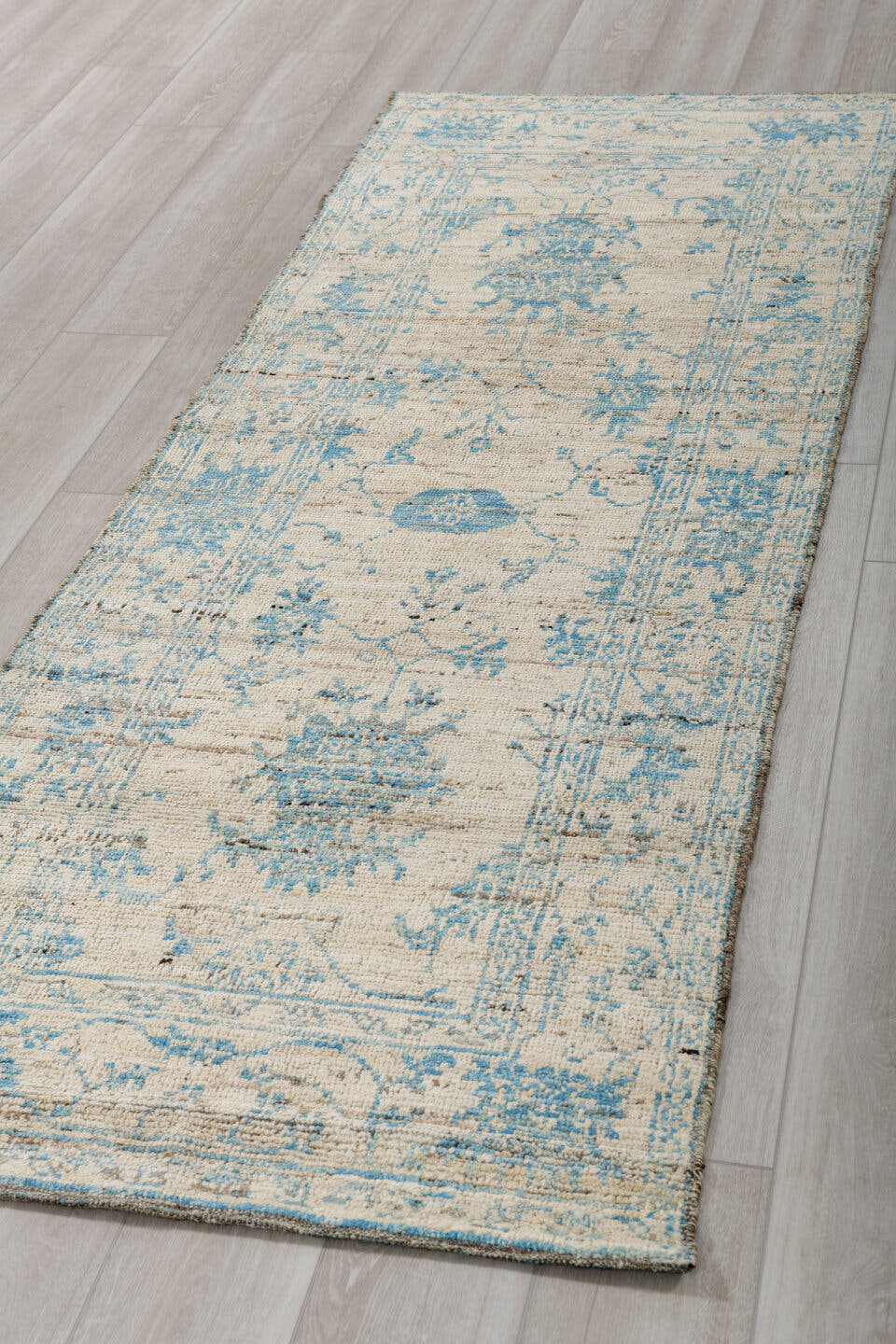 3' x 8' one-of-a-kind handmade vintage Tulu runner rug. Color palette: ivory, sky blue, taupe, slate, cream, light blue