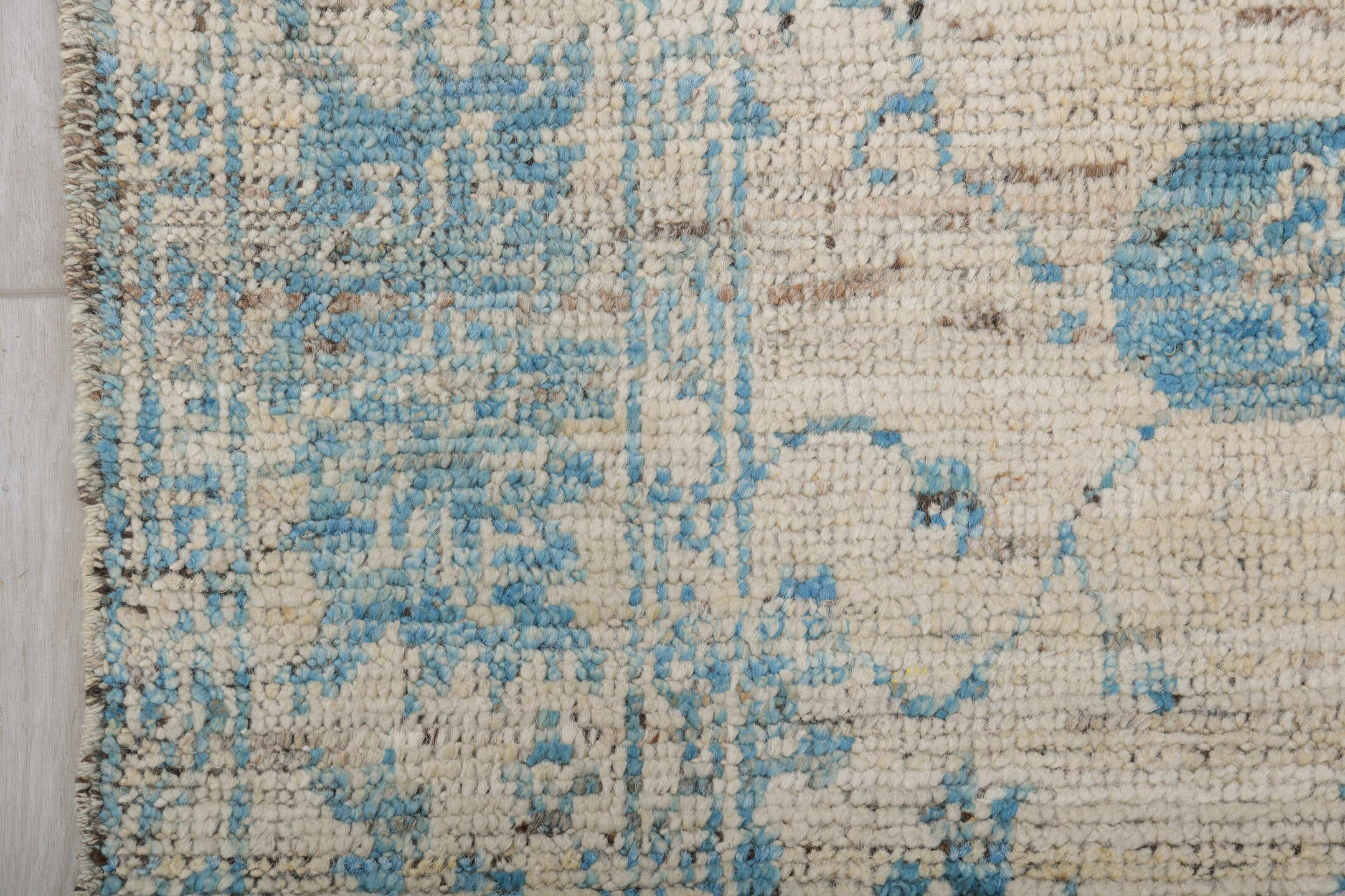 3' x 8' one-of-a-kind handmade vintage Tulu runner rug. Color palette: ivory, sky blue, taupe, slate, cream, light blue