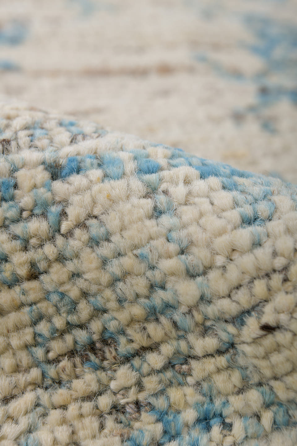 3' x 8' one-of-a-kind handmade vintage Tulu runner rug. Color palette: ivory, sky blue, taupe, slate, cream, light blue