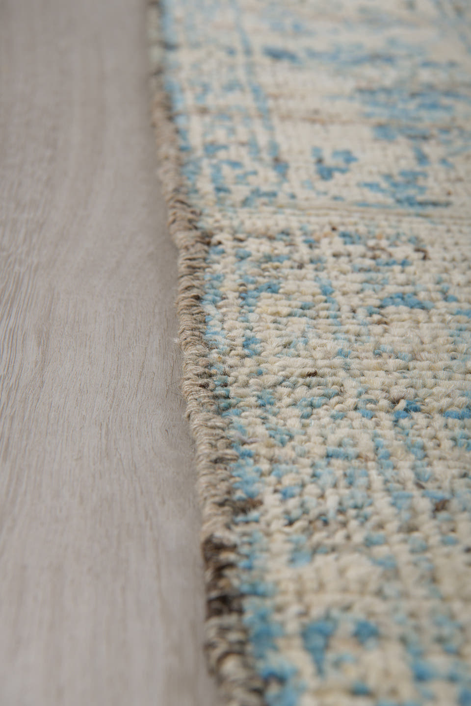 3' x 8' one-of-a-kind handmade vintage Tulu runner rug. Color palette: ivory, sky blue, taupe, slate, cream, light blue