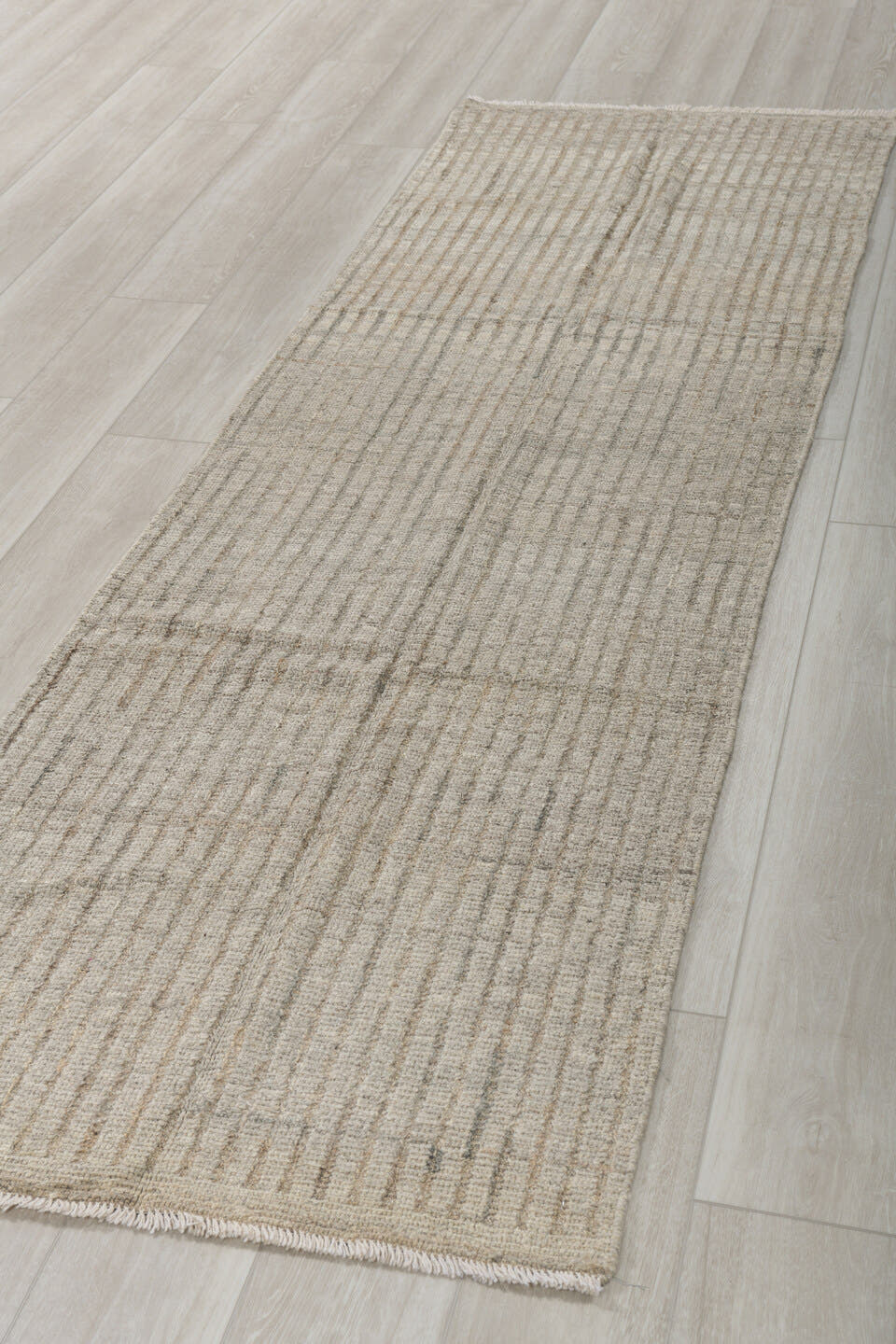 2' x 9' one-of-a-kind handmade vintage Tulu runner rug. Color palette: ivory, taupe, beige, gray