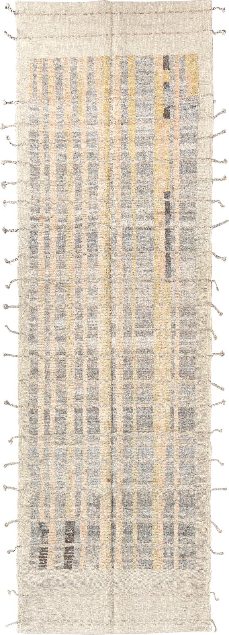 2' x 9' one-of-a-kind handmade vintage Tulu runner rug. Color palette: ivory, pale gold, gray, charcoal, cream, gold, black