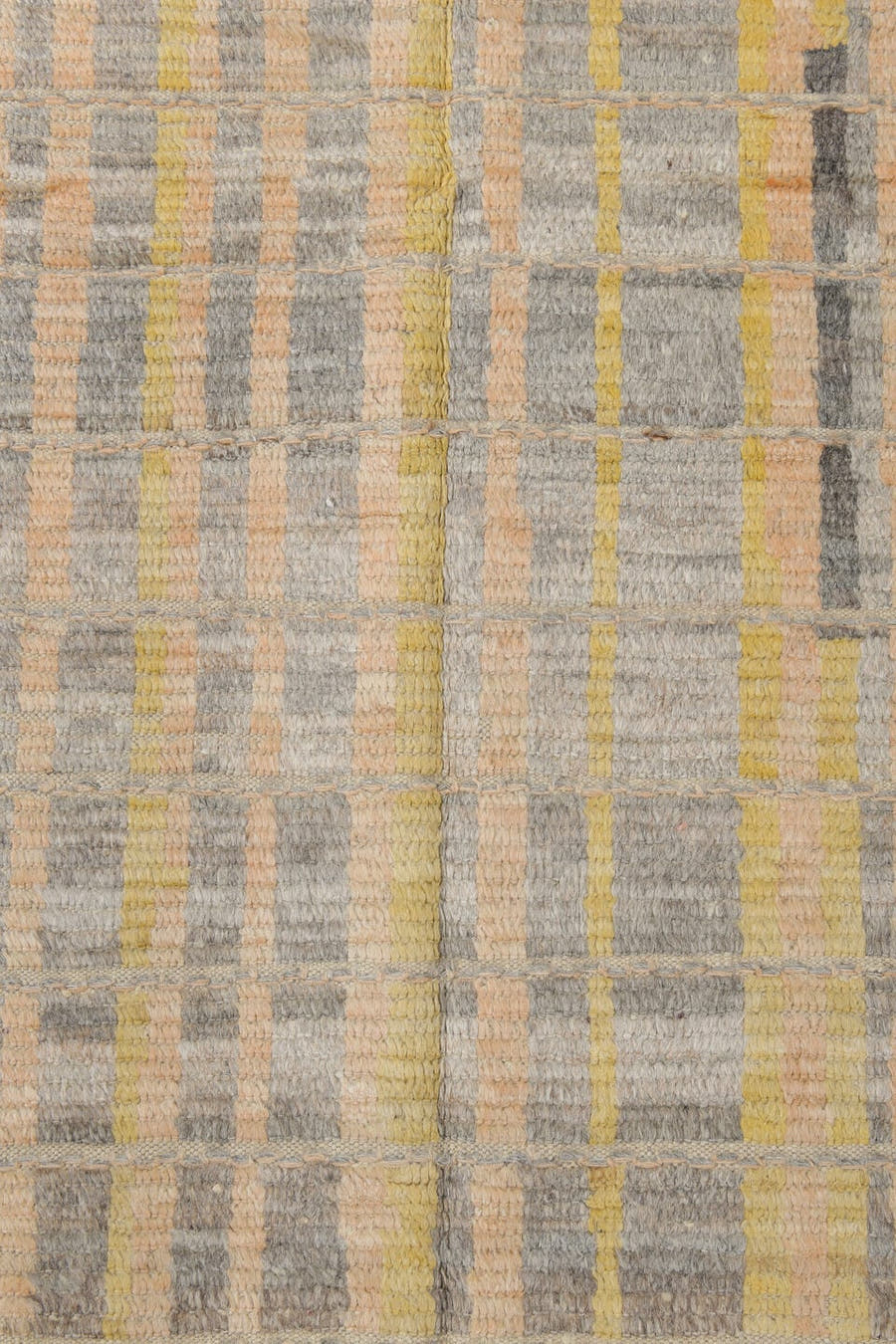 2' x 9' one-of-a-kind handmade vintage Tulu runner rug. Color palette: ivory, pale gold, gray, charcoal, cream, gold, black