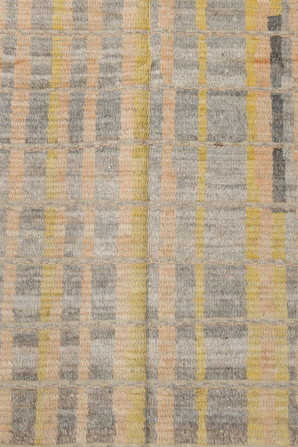 2' x 9' one-of-a-kind handmade vintage Tulu runner rug. Color palette: ivory, pale gold, gray, charcoal, cream, gold, black
