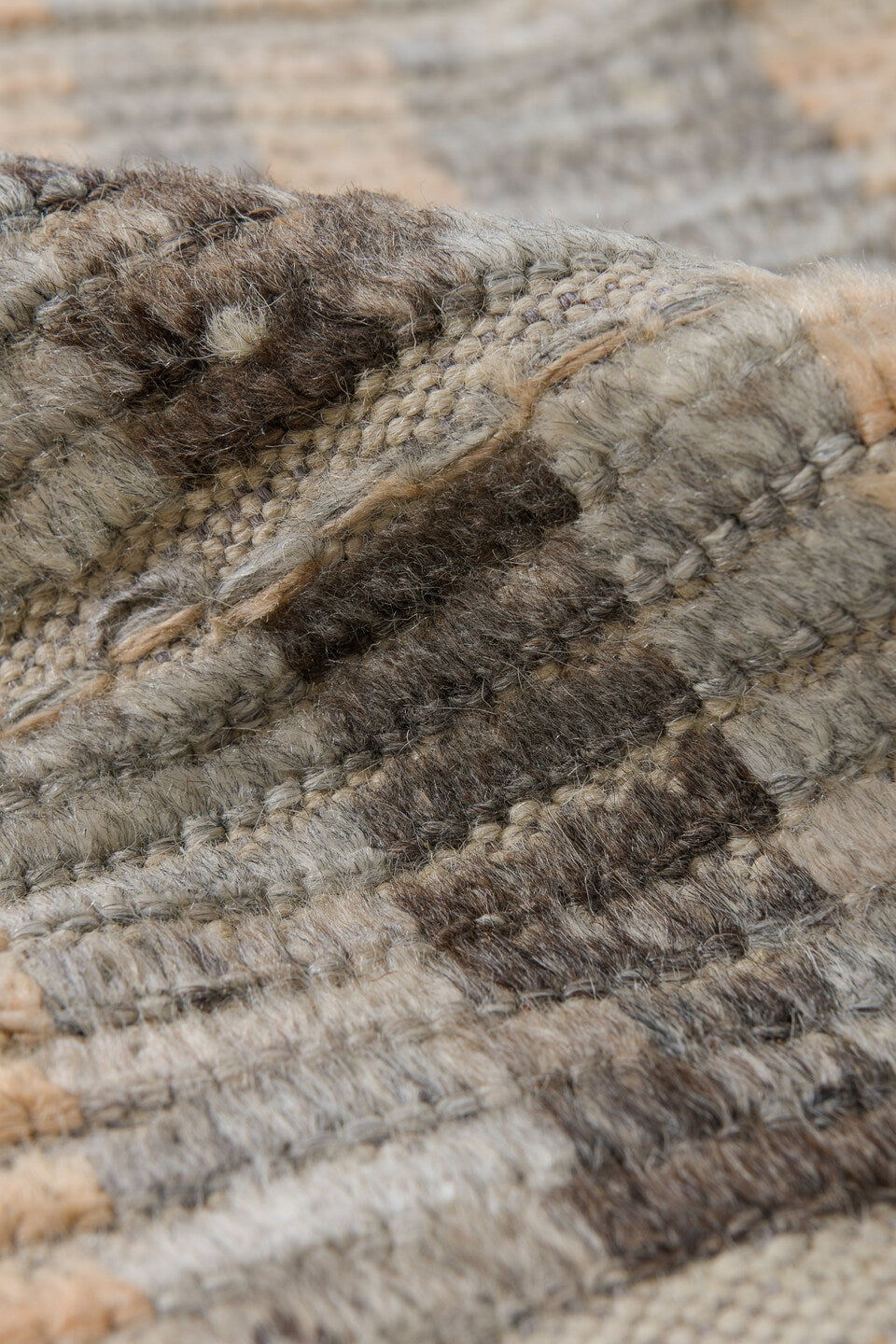 2' x 9' one-of-a-kind handmade vintage Tulu runner rug. Color palette: ivory, pale gold, gray, charcoal, cream, gold, black