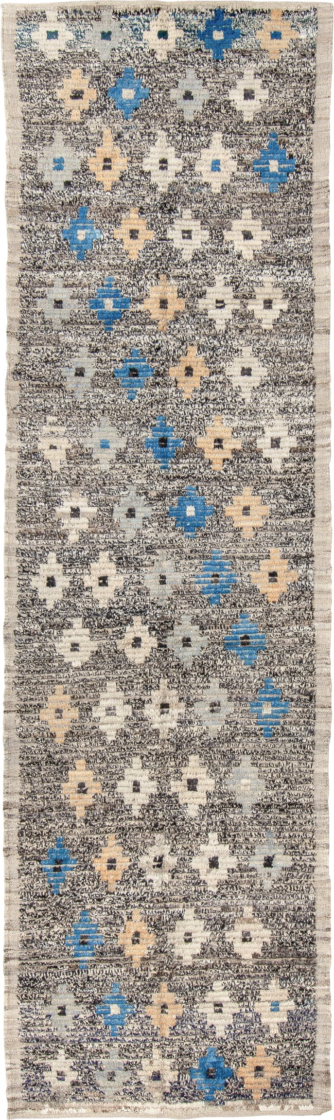 3' x 11' one-of-a-kind handmade vintage Tulu runner rug. Color palette: charcoal, ivory, blue, cream, peach, gray, black