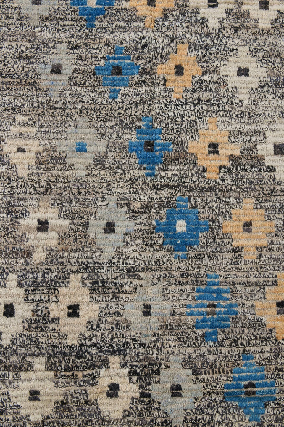 3' x 11' one-of-a-kind handmade vintage Tulu runner rug. Color palette: charcoal, ivory, blue, cream, peach, gray, black