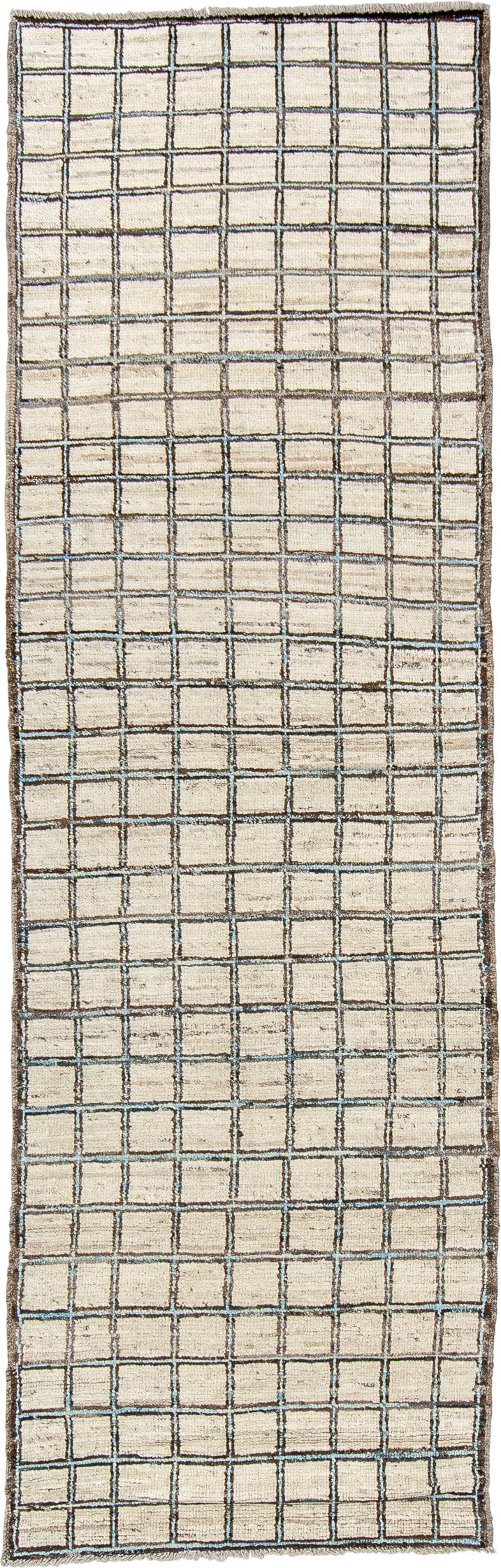 3' x 9' one-of-a-kind handmade vintage Tulu runner rug. Color palette: ivory, charcoal, taupe, black, gray, beige