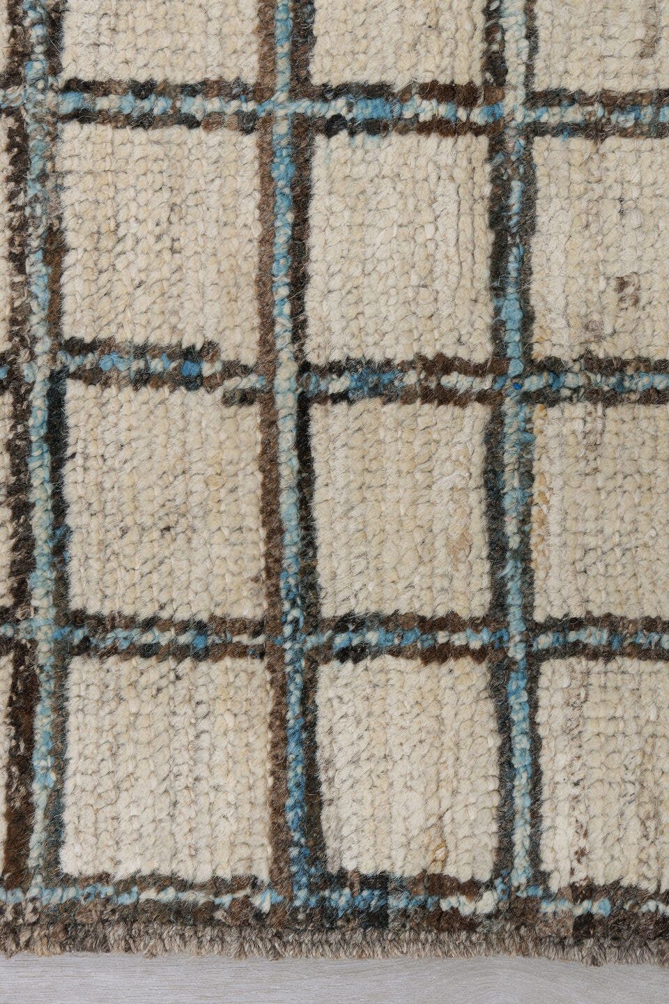 3' x 9' one-of-a-kind handmade vintage Tulu runner rug. Color palette: ivory, charcoal, taupe, black, gray, beige