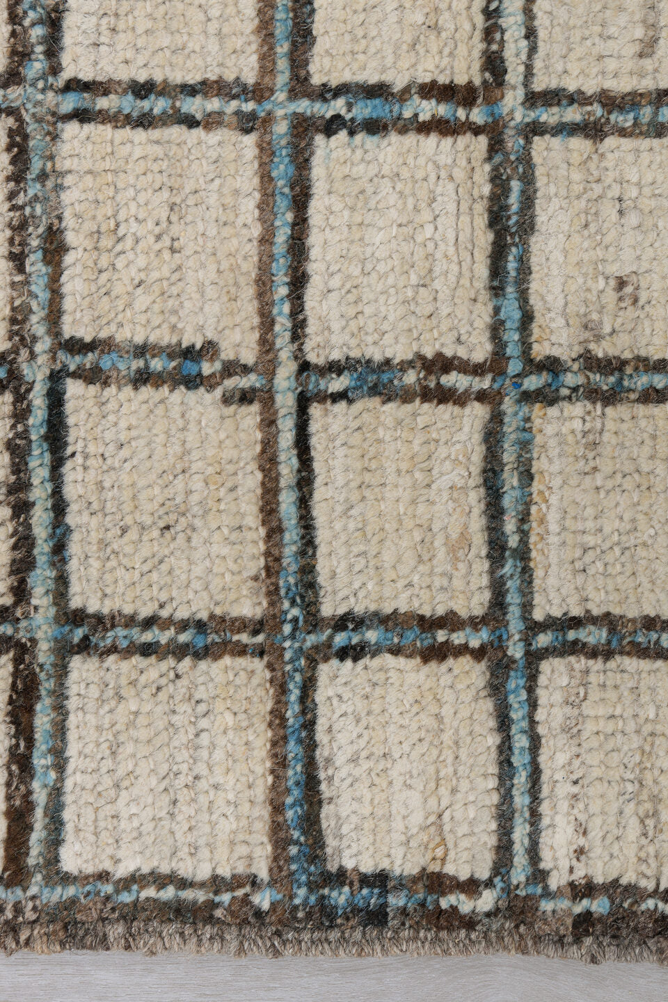 3' x 9' one-of-a-kind handmade vintage Tulu runner rug. Color palette: ivory, charcoal, taupe, black, gray, beige