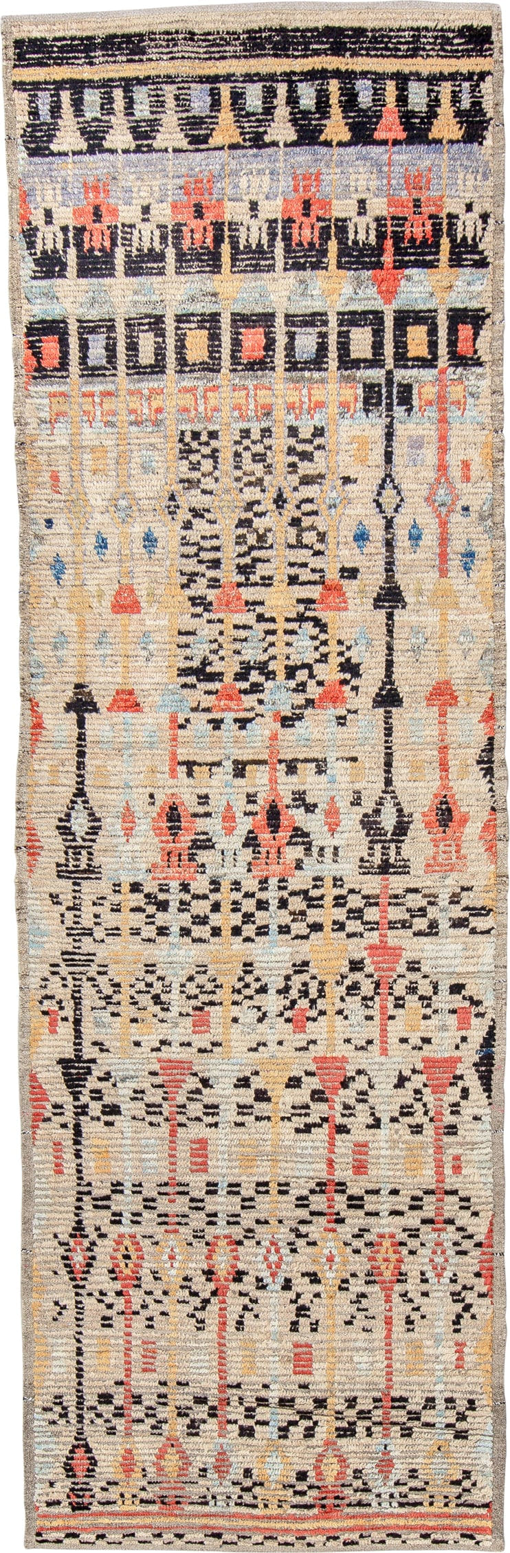 3' x 9' one-of-a-kind handmade vintage Tulu runner rug. Color palette: ivory, charcoal, coral, pale blue, camel, taupe