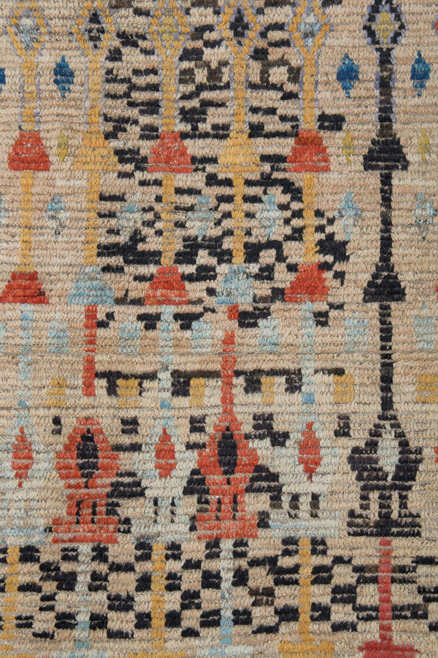 3' x 9' one-of-a-kind handmade vintage Tulu runner rug. Color palette: ivory, charcoal, coral, pale blue, camel, taupe