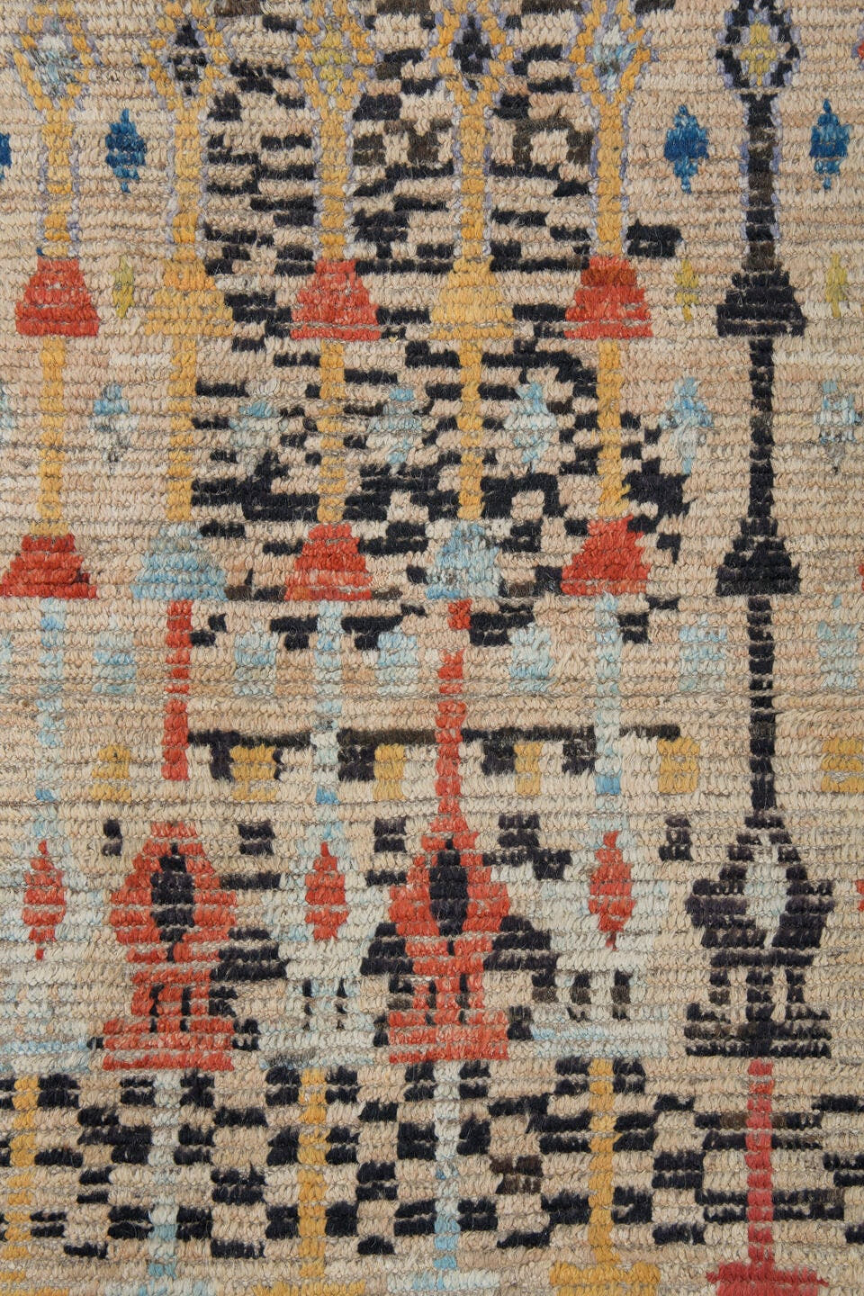 3' x 9' one-of-a-kind handmade vintage Tulu runner rug. Color palette: ivory, charcoal, coral, pale blue, camel, taupe