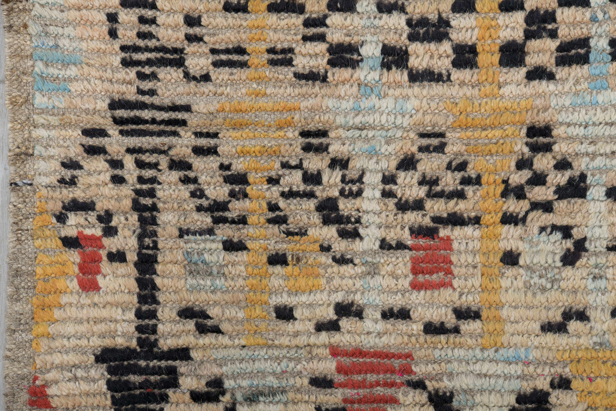 3' x 9' one-of-a-kind handmade vintage Tulu runner rug. Color palette: ivory, charcoal, coral, pale blue, camel, taupe