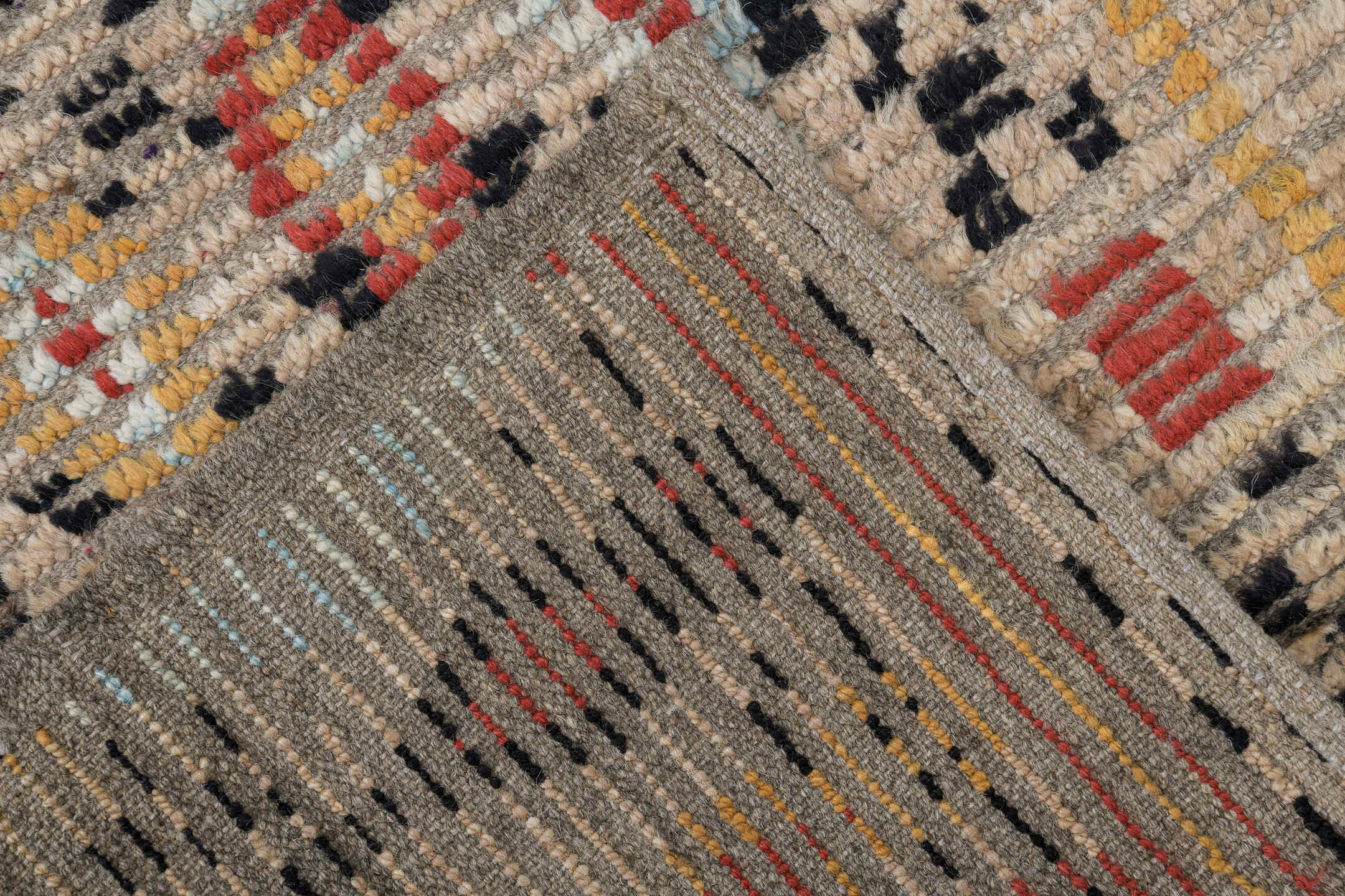 3' x 9' one-of-a-kind handmade vintage Tulu runner rug. Color palette: ivory, charcoal, coral, pale blue, camel, taupe