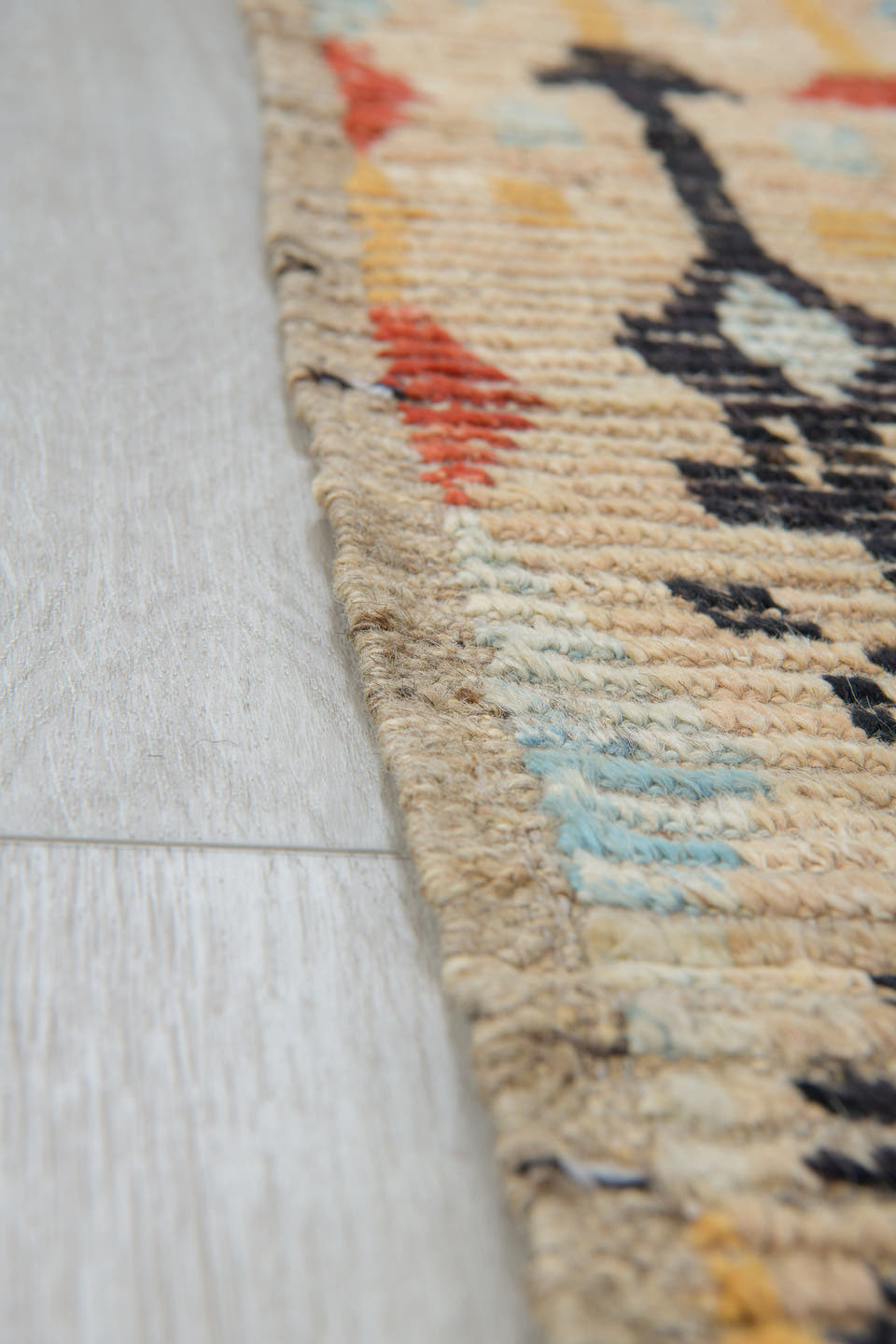 3' x 9' one-of-a-kind handmade vintage Tulu runner rug. Color palette: ivory, charcoal, coral, pale blue, camel, taupe