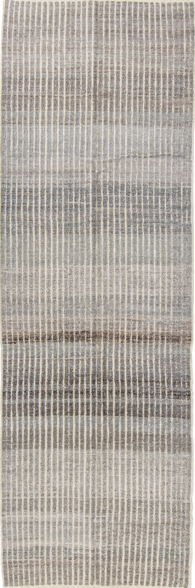 3' x 9' one-of-a-kind handmade vintage Tulu runner rug. Color palette: dark gray, gray, light gray, off-white, pink, silver