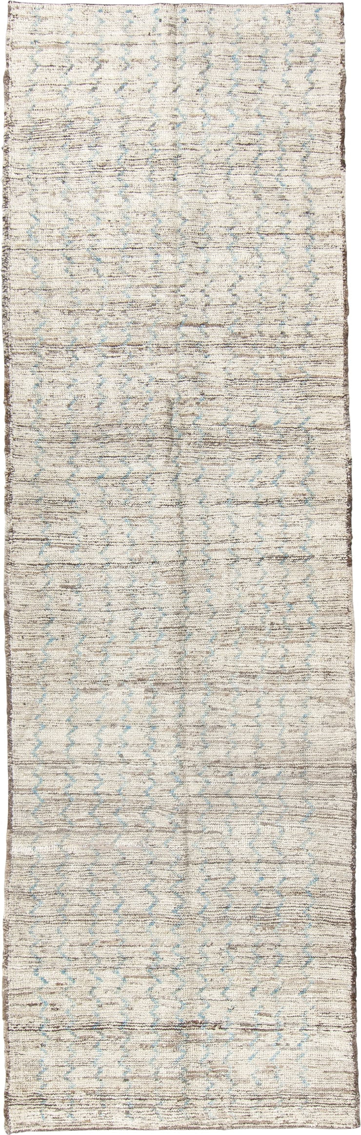 3' x 10' one-of-a-kind handmade vintage Tulu runner rug. Color palette: ivory, blue gray, taupe, charcoal, gray, blue, beige