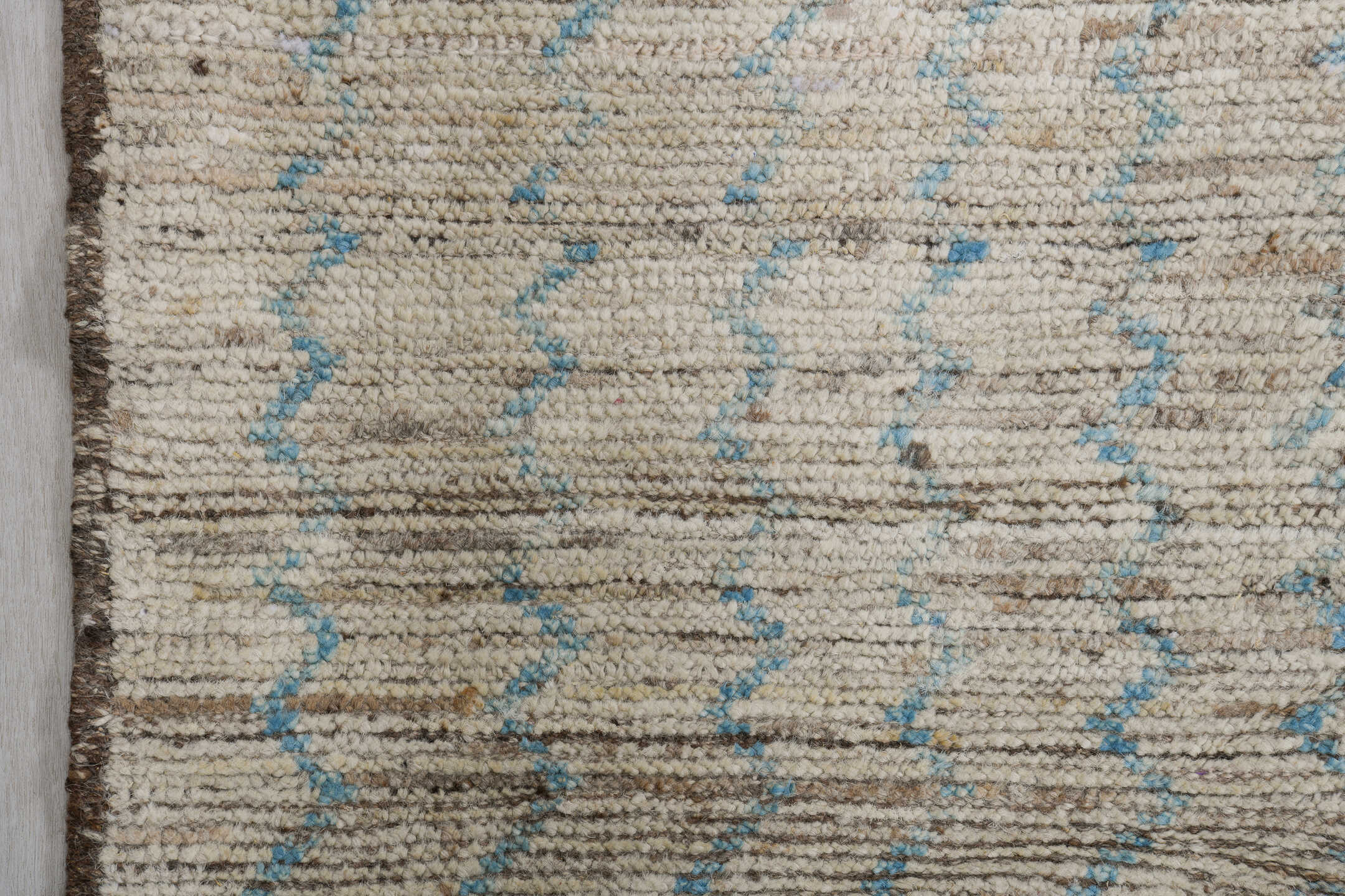 3' x 10' one-of-a-kind handmade vintage Tulu runner rug. Color palette: ivory, blue gray, taupe, charcoal, gray, blue, beige