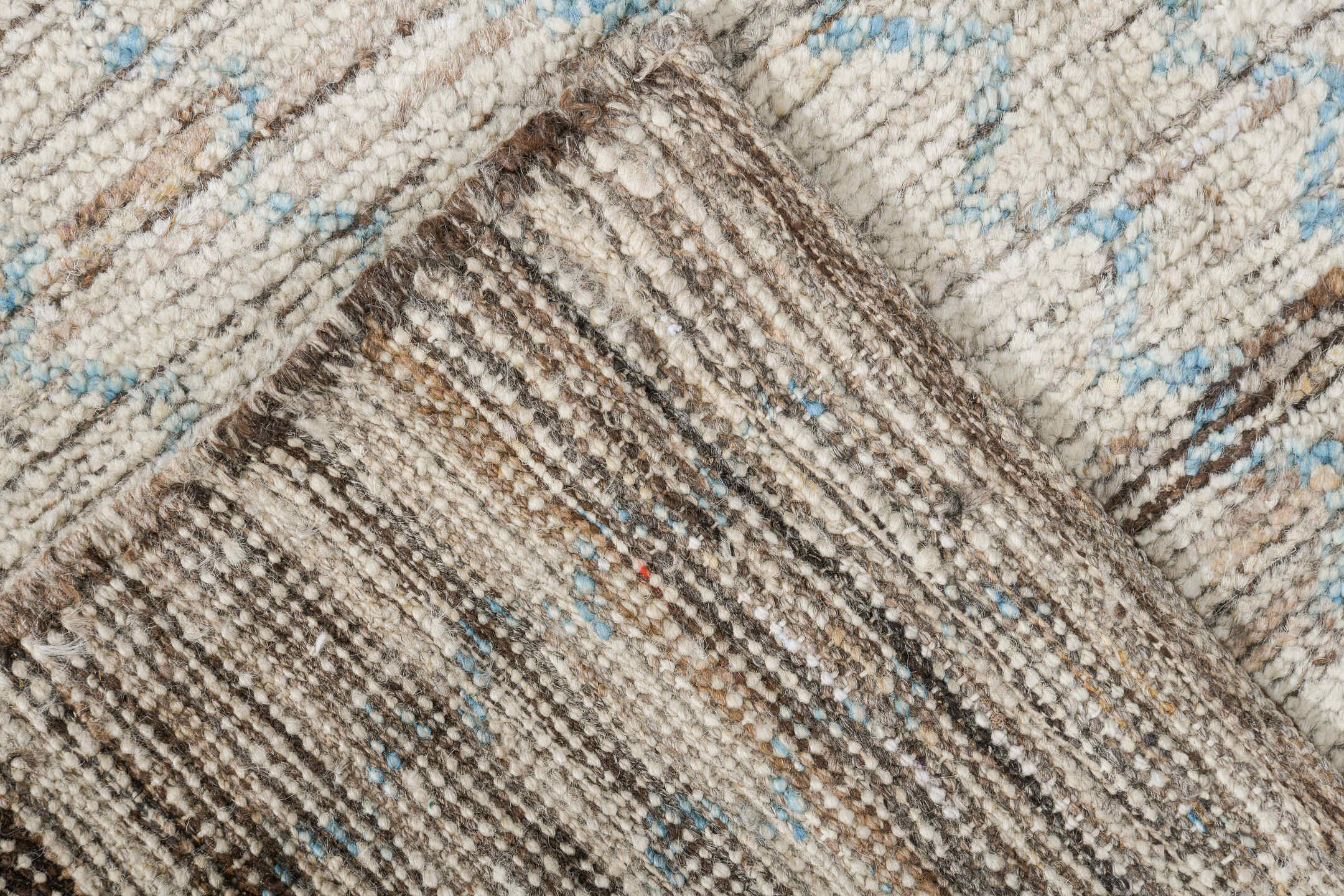 3' x 10' one-of-a-kind handmade vintage Tulu runner rug. Color palette: ivory, blue gray, taupe, charcoal, gray, blue, beige