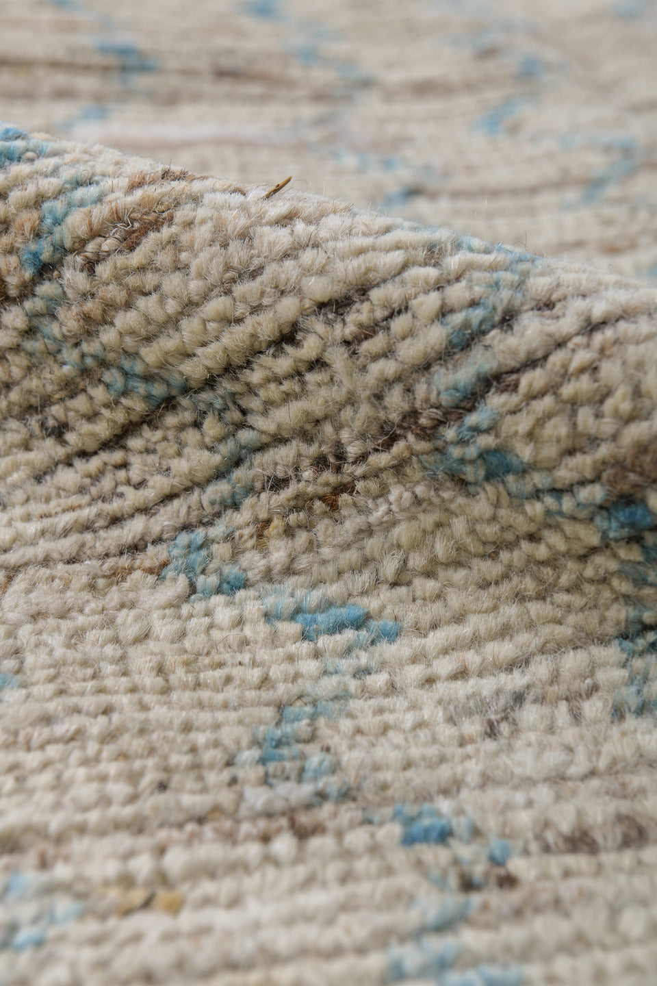 3' x 10' one-of-a-kind handmade vintage Tulu runner rug. Color palette: ivory, blue gray, taupe, charcoal, gray, blue, beige