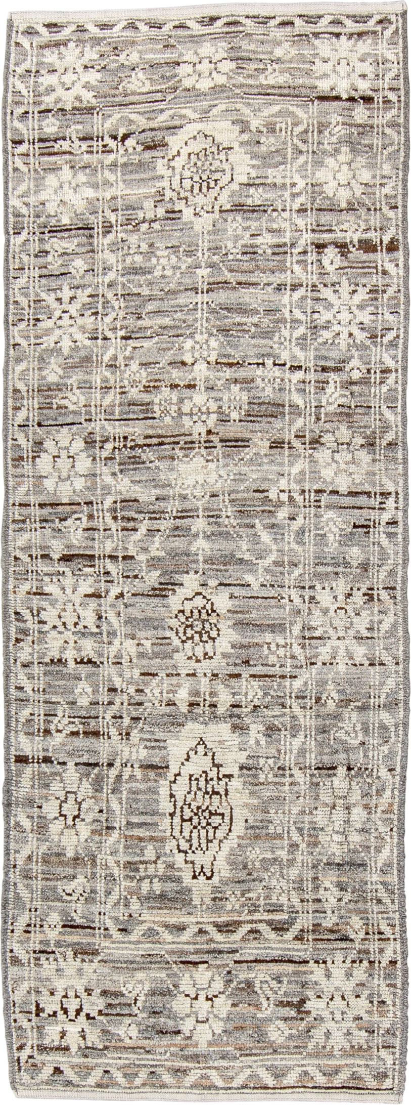 3' x 8' one-of-a-kind handmade vintage Tulu runner rug. Color palette: ivory, taupe, gray, brown, charcoal, beige, black