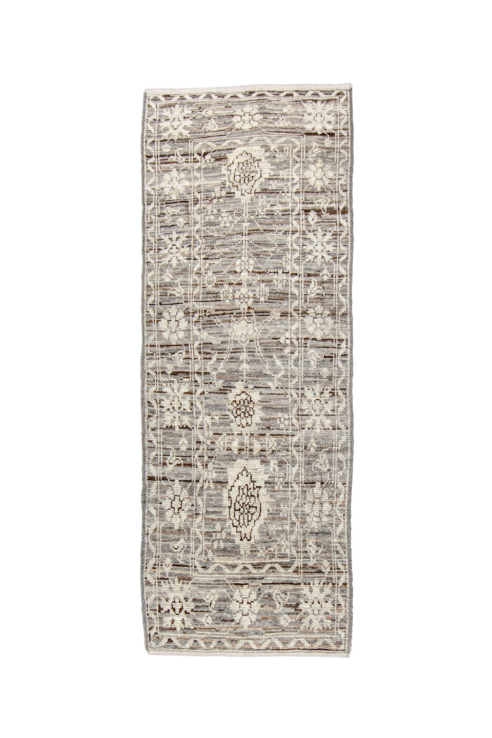 3' x 8' one-of-a-kind handmade vintage Tulu runner rug. Color palette: brown, dark gray, gray, light gray, off-white, silver