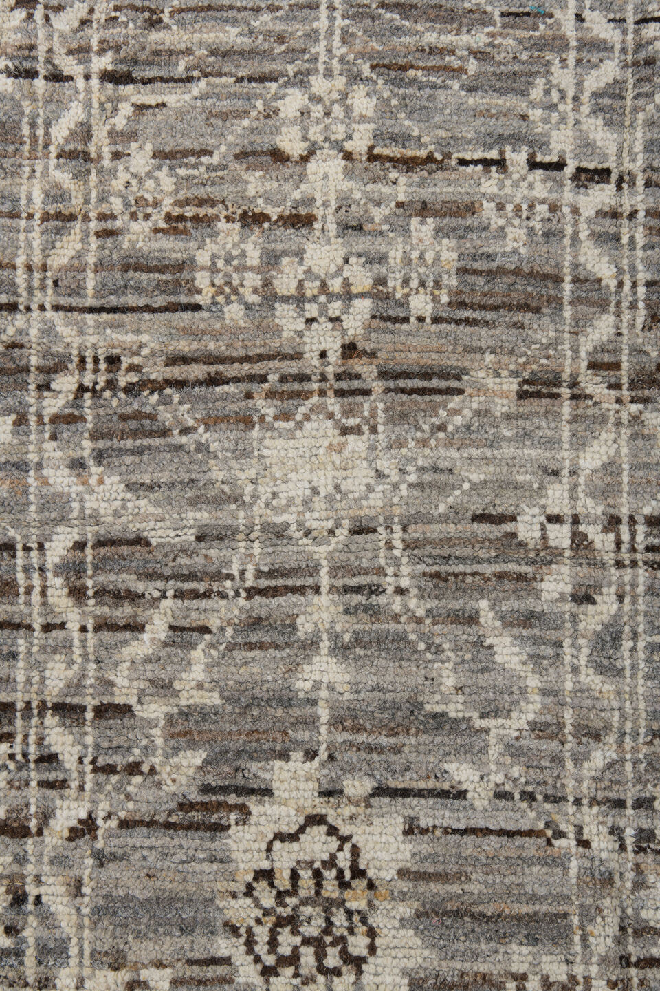 3' x 8' one-of-a-kind handmade vintage Tulu runner rug. Color palette: brown, dark gray, gray, light gray, off-white, silver