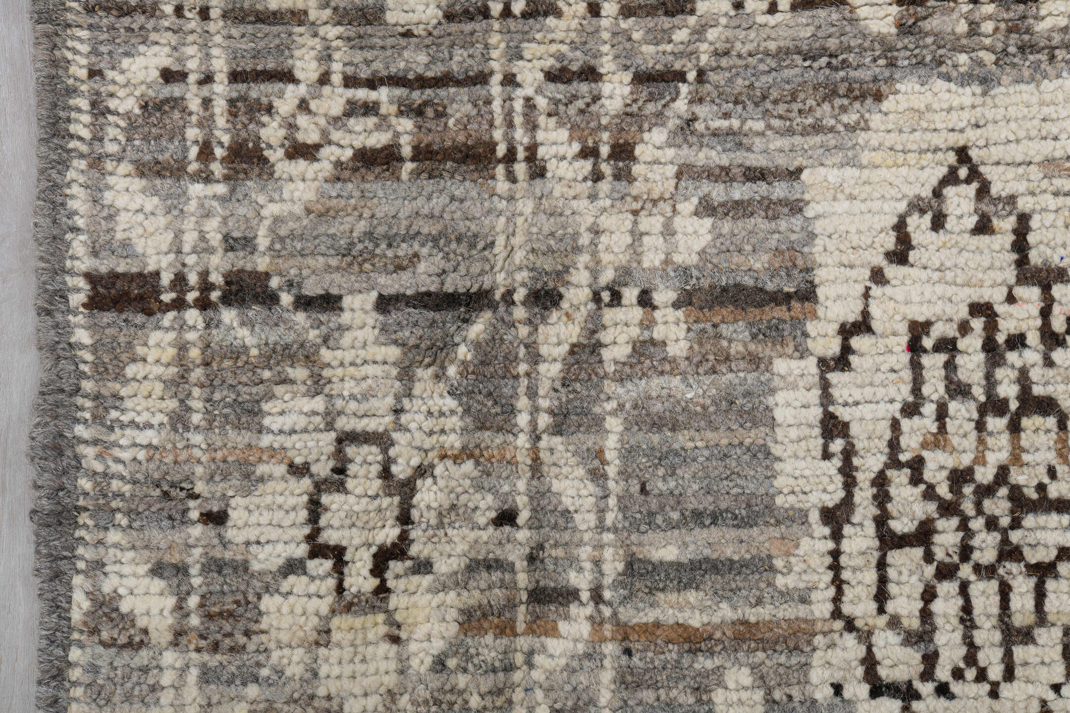 3' x 8' one-of-a-kind handmade vintage Tulu runner rug. Color palette: brown, dark gray, gray, light gray, off-white, silver