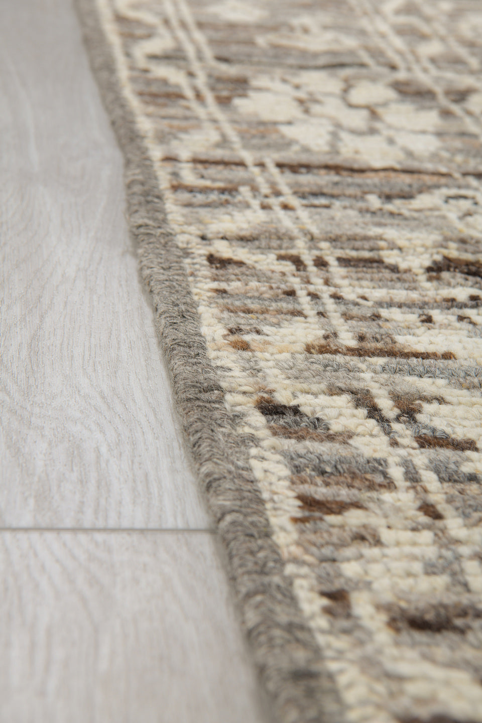 3' x 8' one-of-a-kind handmade vintage Tulu runner rug. Color palette: brown, dark gray, gray, light gray, off-white, silver