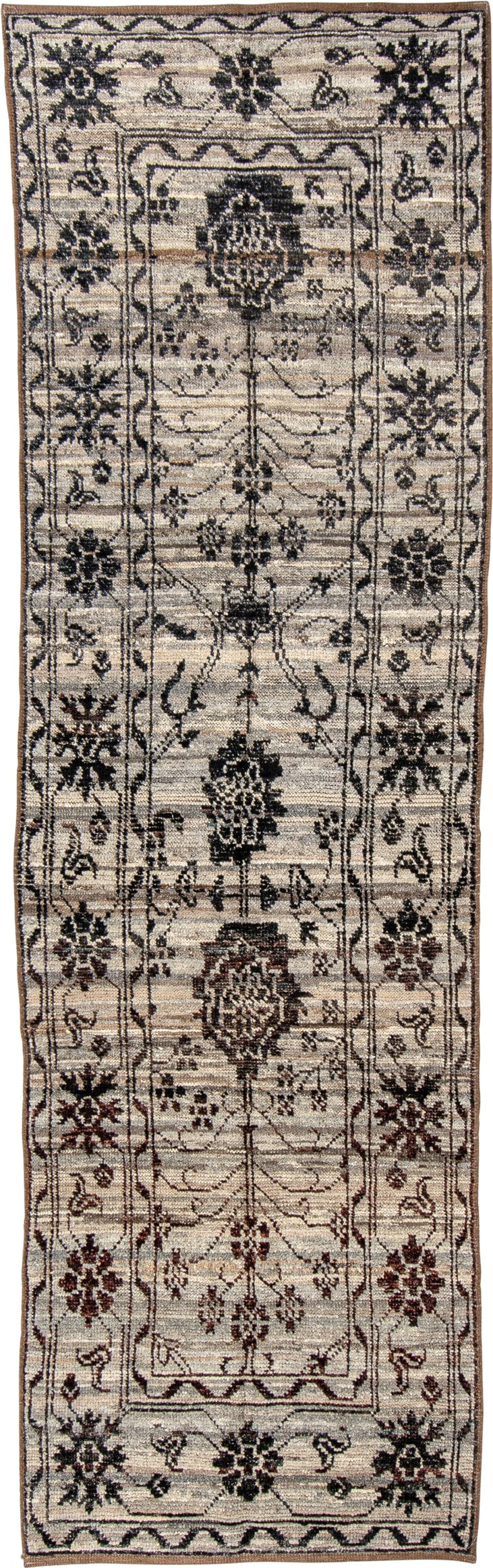 2' x 9' one-of-a-kind handmade vintage Tulu runner rug. Color palette: ivory, charcoal, taupe, brown, burgundy, black, gray