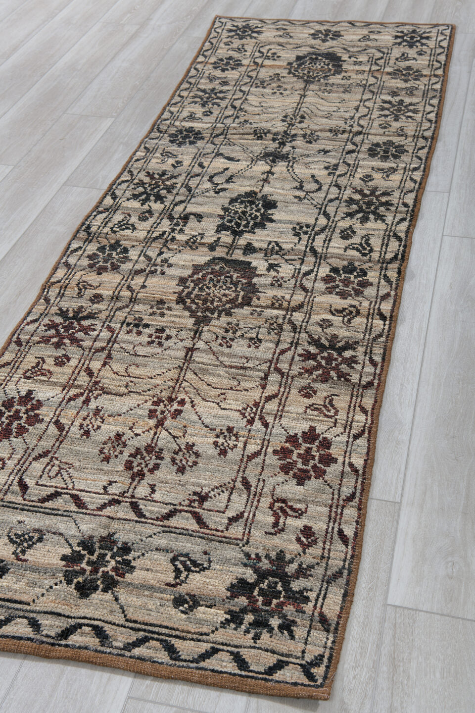 2' x 9' one-of-a-kind handmade vintage Tulu runner rug. Color palette: ivory, charcoal, taupe, brown, burgundy, black, gray
