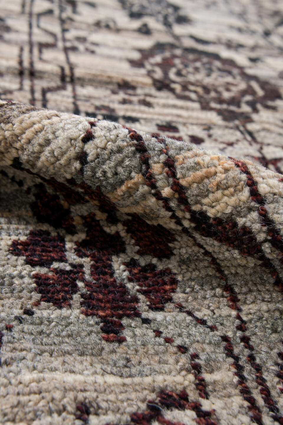 2' x 9' one-of-a-kind handmade vintage Tulu runner rug. Color palette: ivory, charcoal, taupe, brown, burgundy, black, gray