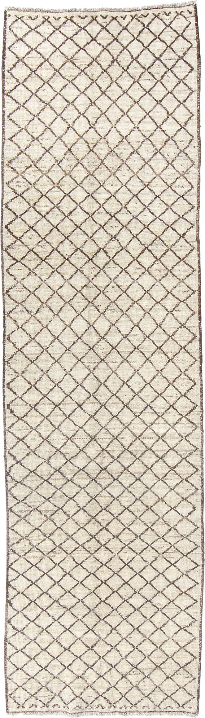 2' x 9' one-of-a-kind handmade vintage Tulu runner rug. Color palette: ivory, brown, taupe, beige, gray