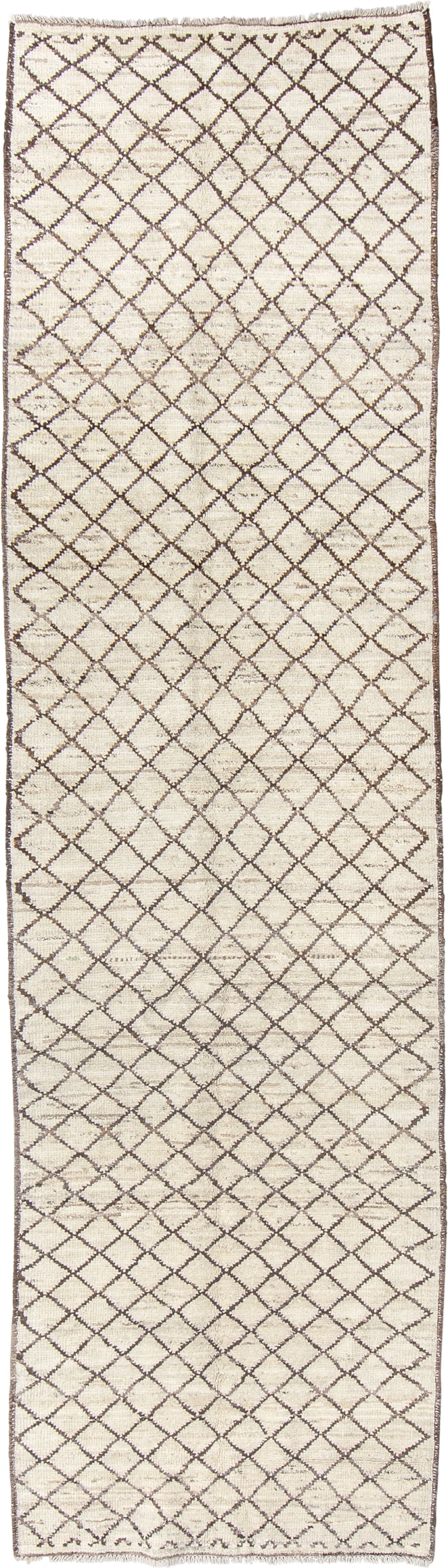 2' x 9' one-of-a-kind handmade vintage Tulu runner rug. Color palette: ivory, brown, taupe, beige, gray