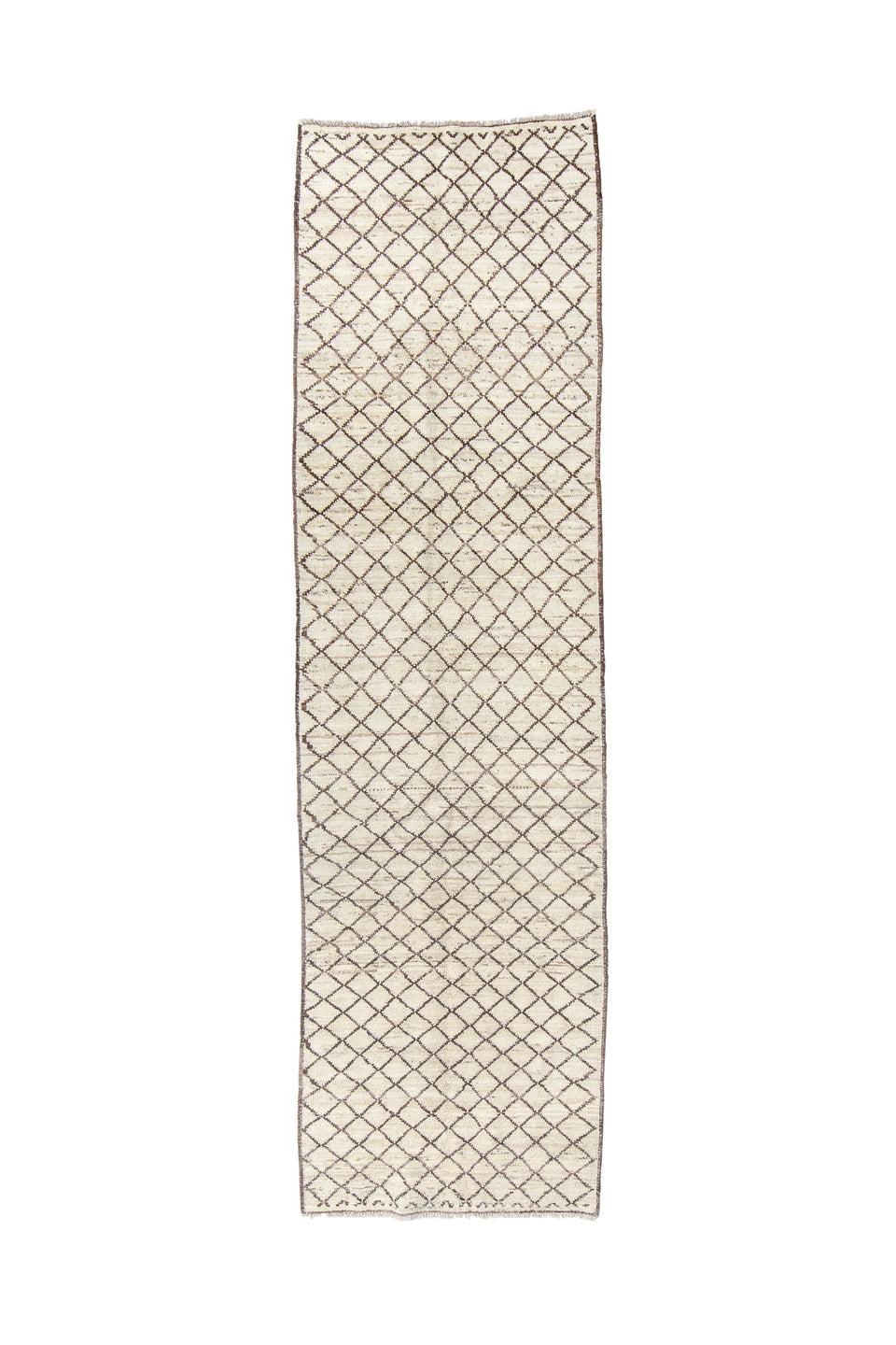 2' x 9' one-of-a-kind handmade vintage Tulu runner rug. Color palette: black, brown, gainsboro, gray, light gray, off-white