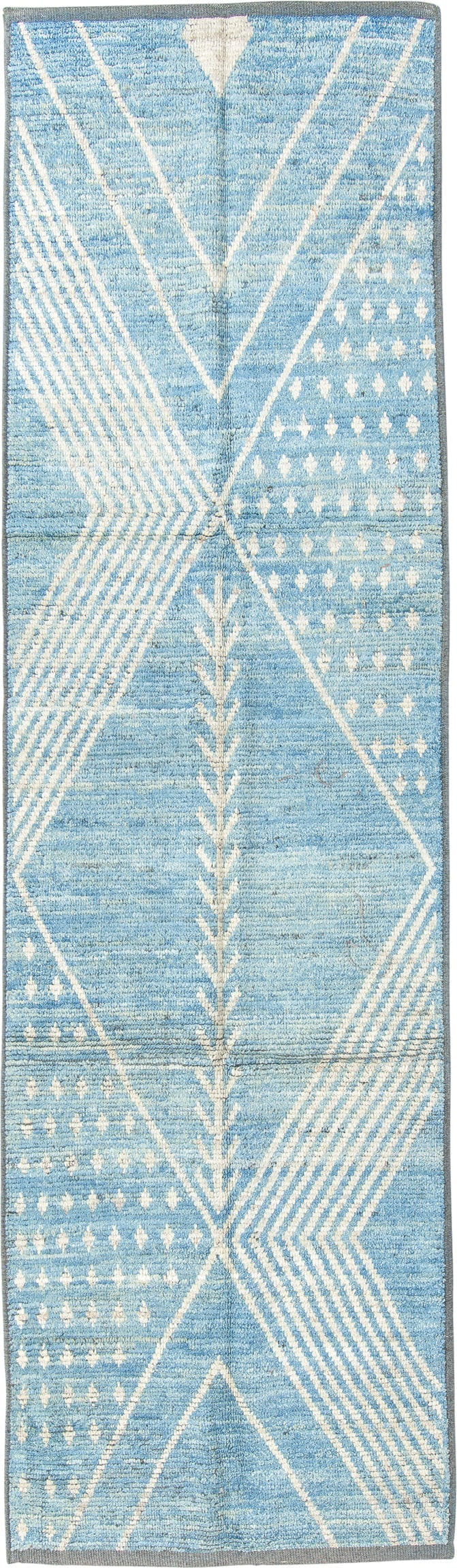 2' x 9' one-of-a-kind handmade vintage Tulu runner rug. Color palette: sky blue, ivory, slate, light blue, gray