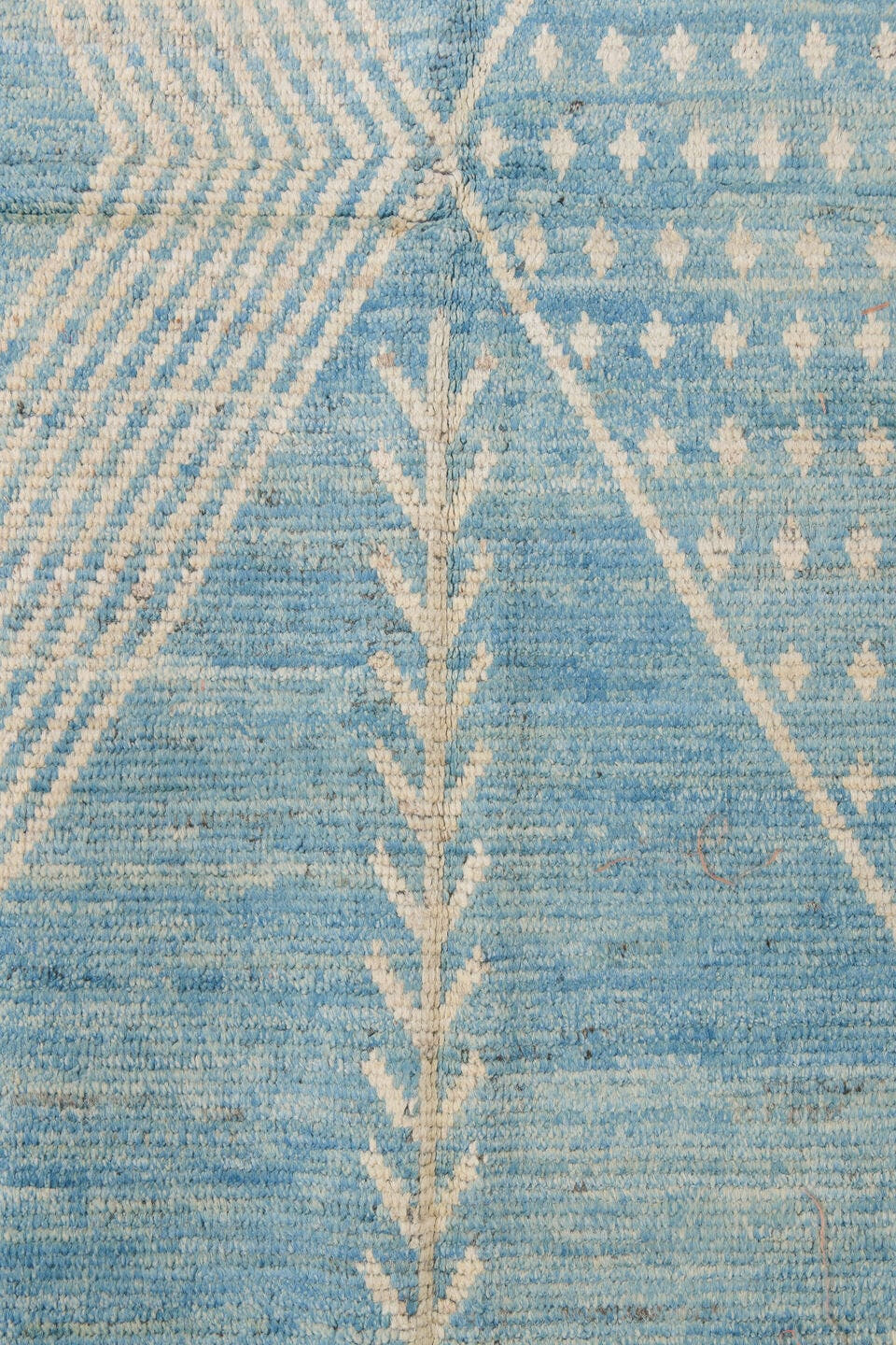 2' x 9' one-of-a-kind handmade vintage Tulu runner rug. Color palette: sky blue, ivory, slate, light blue, gray