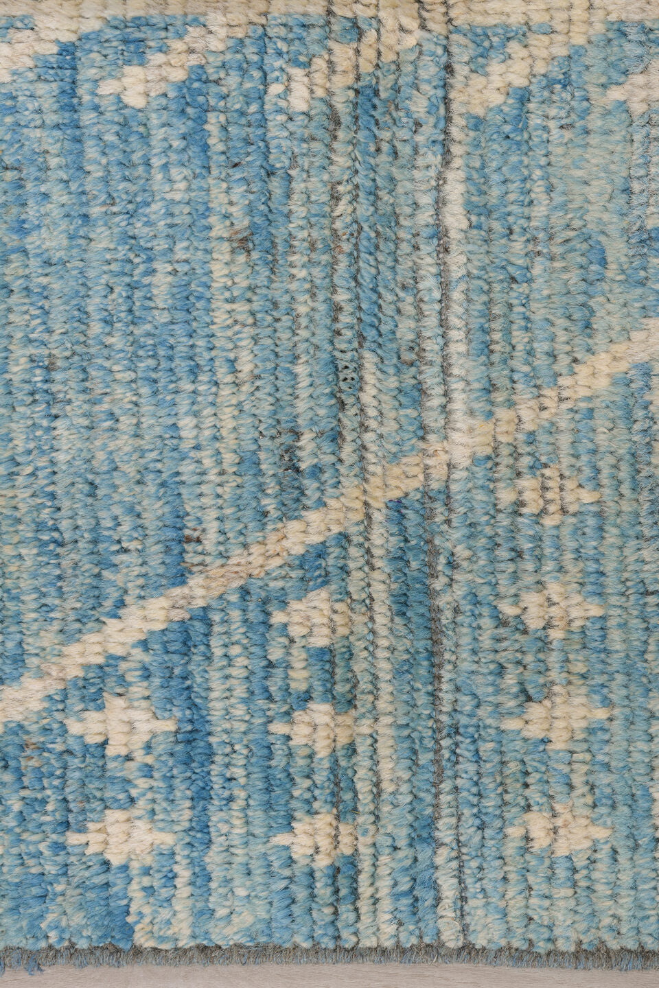 2' x 9' one-of-a-kind handmade vintage Tulu runner rug. Color palette: blue, gray, light blue, light gray, off-white