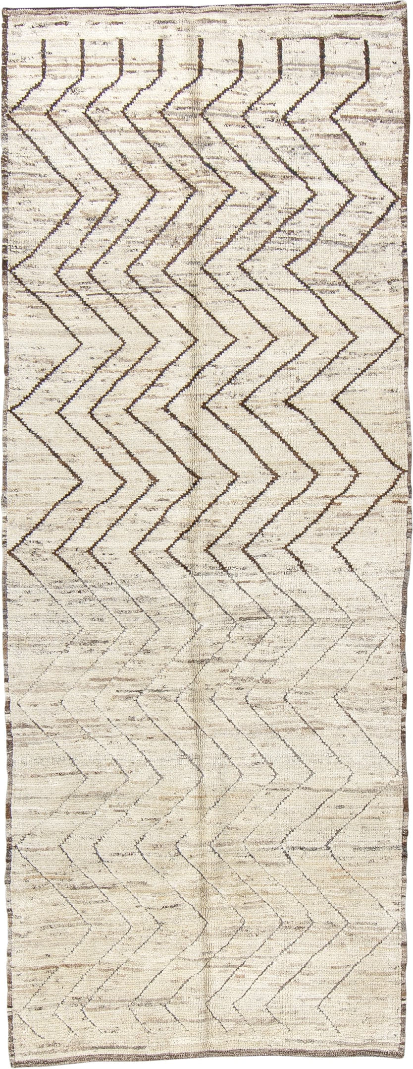3' x 8' one-of-a-kind handmade vintage Tulu runner rug. Color palette: ivory, taupe, dark brown, cream, beige, gray, brown