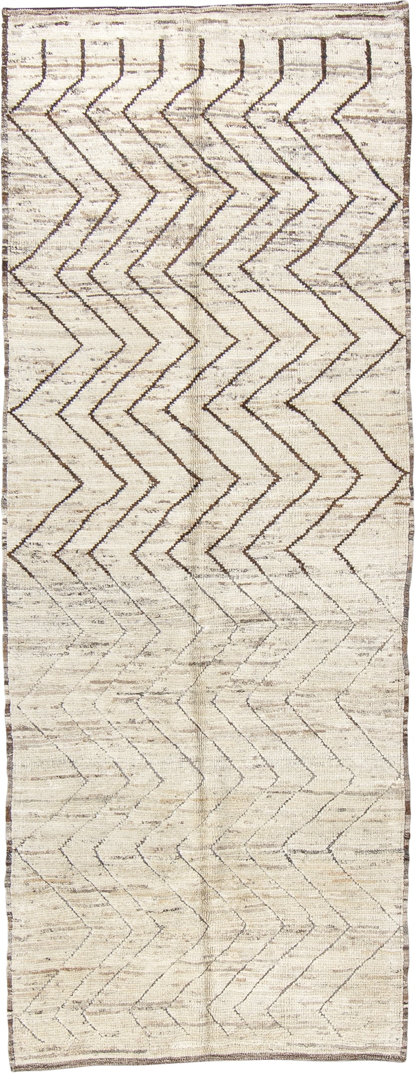 3' x 8' one-of-a-kind handmade vintage Tulu runner rug. Color palette: ivory, taupe, dark brown, cream, beige, gray, brown