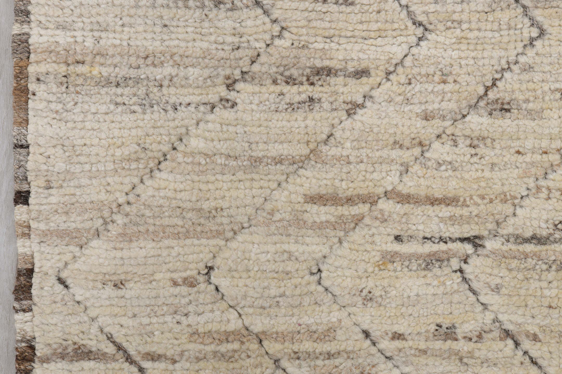 3' x 8' one-of-a-kind handmade vintage Tulu runner rug. Color palette: ivory, taupe, dark brown, cream, beige, gray, brown