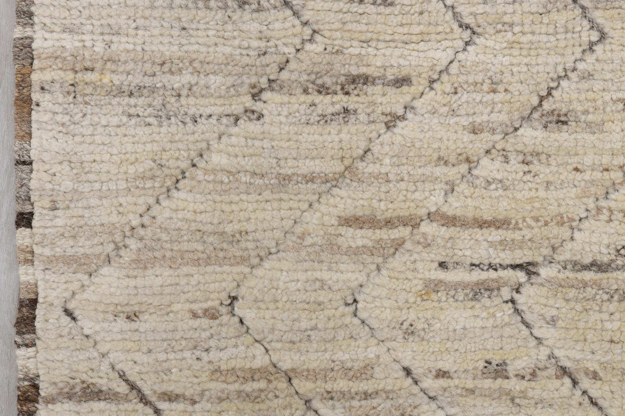 3' x 8' one-of-a-kind handmade vintage Tulu runner rug. Color palette: ivory, taupe, dark brown, cream, beige, gray, brown
