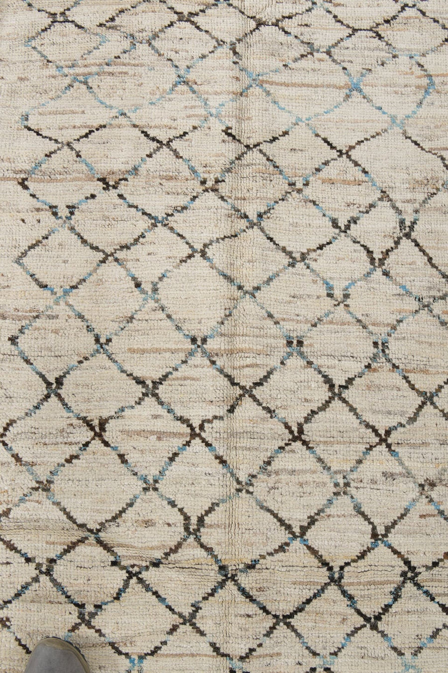 3' x 11' one-of-a-kind handmade vintage Tulu runner rug. Color palette: ivory, charcoal, pale blue, taupe, cream, black
