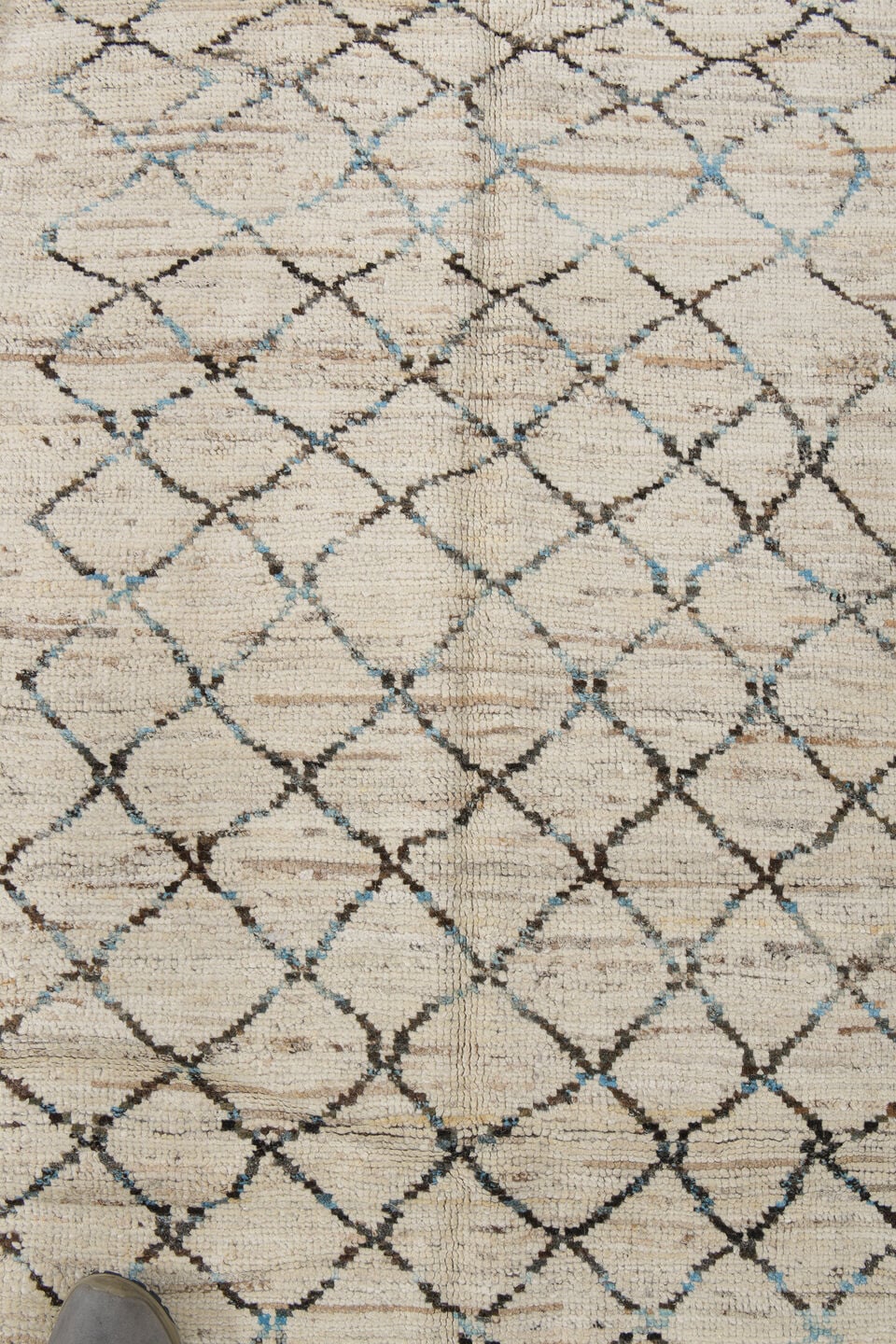 3' x 11' one-of-a-kind handmade vintage Tulu runner rug. Color palette: ivory, charcoal, pale blue, taupe, cream, black
